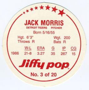 1987 Jiffy Pop Discs #3 Jack Morris Back