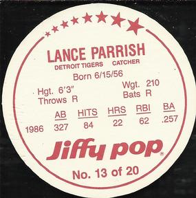 1987 Jiffy Pop Discs #13 Lance Parrish Back