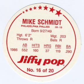 1987 Jiffy Pop Discs #16 Mike Schmidt Back