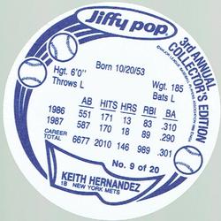 1988 Jiffy Pop Discs #9 Keith Hernandez Back