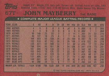 1982 Topps Traded #67T John Mayberry Back