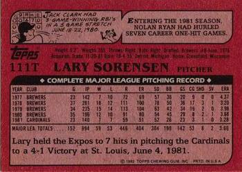 1982 Topps Traded #111T Lary Sorensen Back