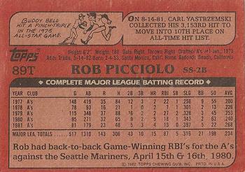 1982 Topps Traded #89T Rob Picciolo Back