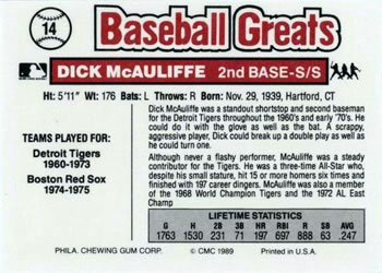 1989 Swell Baseball Greats #14 Dick McAuliffe Back
