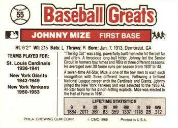 1989 Swell Baseball Greats #55 Johnny Mize Back