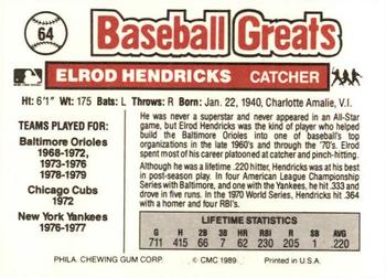 1989 Swell Baseball Greats #64 Elrod Hendricks Back