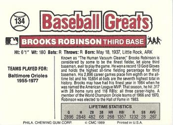 1989 Swell Baseball Greats #134 Brooks Robinson Back