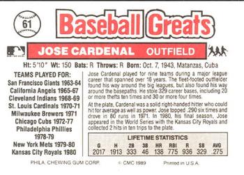 1989 Swell Baseball Greats #61 Jose Cardenal Back