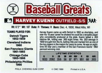 1989 Swell Baseball Greats #9 Harvey Kuenn Back