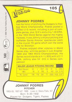 1988 Pacific Legends I #105 Johnny Podres Back