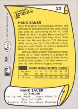 1988 Pacific Legends I #23 Hank Sauer Back