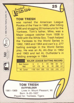 1988 Pacific Legends I #25 Tom Tresh Back