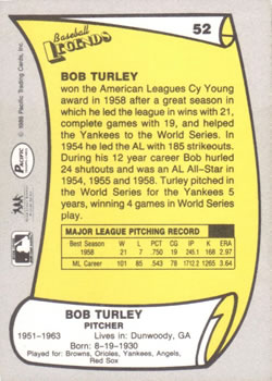 1988 Pacific Legends I #52 Bob Turley Back