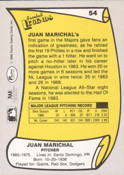 1988 Pacific Legends I #54 Juan Marichal Back