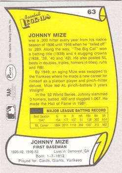 1988 Pacific Legends I #63 Johnny Mize Back