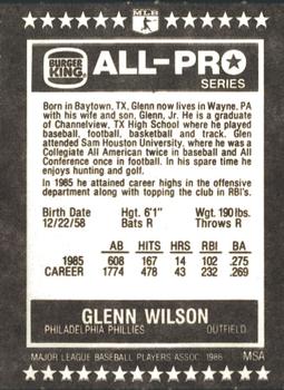 1986 Burger King All-Pro Series #7 Glenn Wilson Back