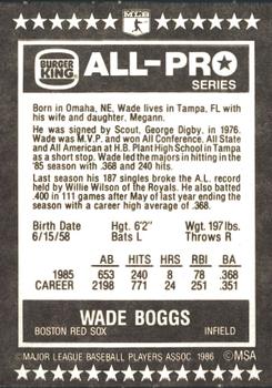 1986 Burger King All-Pro Series #9 Wade Boggs Back