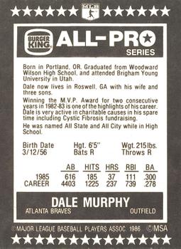 1986 Burger King All-Pro Series #11 Dale Murphy Back