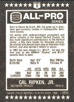 1986 Burger King All-Pro Series #15 Cal Ripken Jr. Back