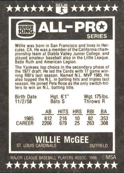 1986 Burger King All-Pro Series #16 Willie McGee Back