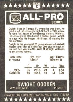 1986 Burger King All-Pro Series #17 Dwight Gooden Back