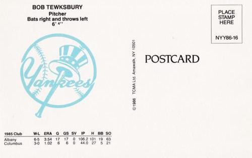 1986 TCMA New York Yankees Postcards #16 Bob Tewksbury Back