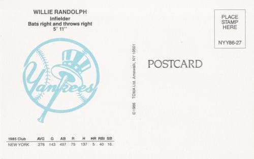 1986 TCMA New York Yankees Postcards #27 Willie Randolph Back