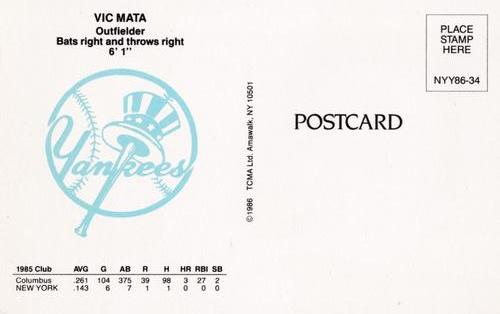 1986 TCMA New York Yankees Postcards #34 Vic Mata Back