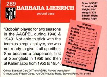 1996 Fritsch AAGPBL Series 2 #289 Barbara Liebrich Back