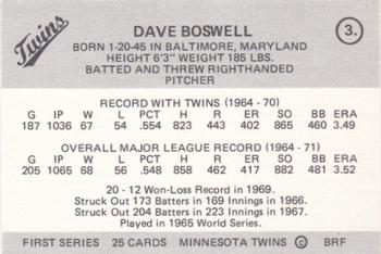 1978 Frisz Minnesota Twins #3 Dave Boswell Back
