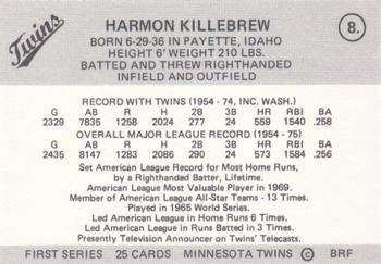 1978 Frisz Minnesota Twins #8 Harmon Killebrew Back