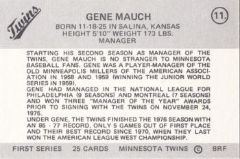 1978 Frisz Minnesota Twins #11 Gene Mauch Back