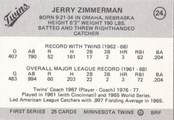 1978 Frisz Minnesota Twins #24 Jerry Zimmerman Back