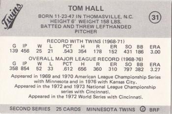1978 Frisz Minnesota Twins #31 Tom Hall Back