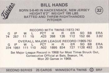 1978 Frisz Minnesota Twins #32 Bill Hands Back