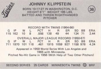 1978 Frisz Minnesota Twins #36 Johnny Klippstein Back