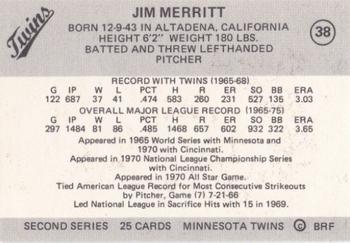 1978 Frisz Minnesota Twins #38 Jim Merritt Back