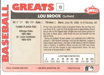 1991 Swell Baseball Greats #13 Lou Brock Back