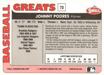 1991 Swell Baseball Greats #73 Johnny Podres Back