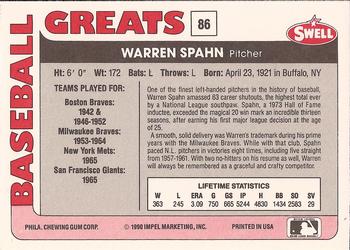 1991 Swell Baseball Greats #86 Warren Spahn Back