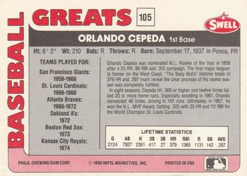 1991 Swell Baseball Greats #105 Orlando Cepeda Back