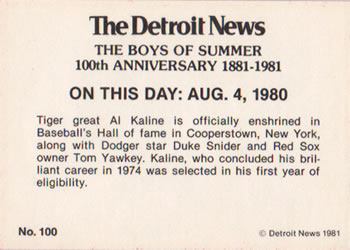 1981 Detroit News Detroit Tigers #100 Al Kaline Enters Hall of Fame Back