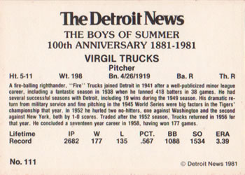 1981 Detroit News Detroit Tigers #111 Virgil Trucks Back