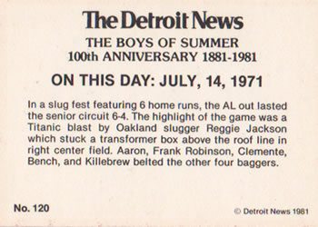 1981 Detroit News Detroit Tigers #120 Reggie Jackson's Super Homer Ignites A.L. Back