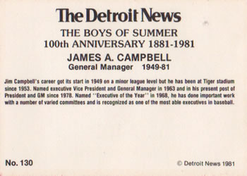 1981 Detroit News Detroit Tigers #130 James A. Campbell Back