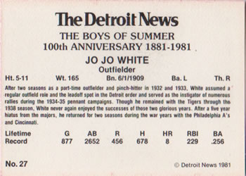 1981 Detroit News Detroit Tigers #27 Jo Jo White Back