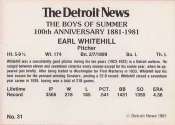 1981 Detroit News Detroit Tigers #31 Earl Whitehill Back