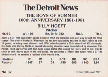 1981 Detroit News Detroit Tigers #32 Billy Hoeft Back