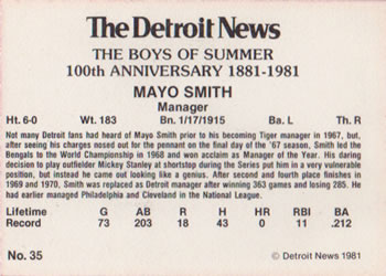 1981 Detroit News Detroit Tigers #35 Mayo Smith Back