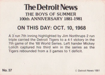 1981 Detroit News Detroit Tigers #37 Tigers Win Back